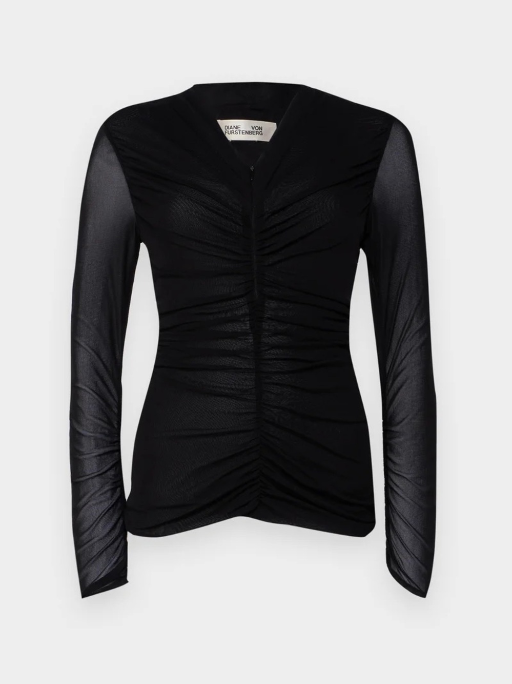 Diane von Furstenberg Julie Black Ruched Mesh Long-Sleeve Top - Size XL